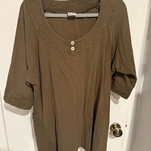Oh My Gauze! Olive Brown Scoop Neck Tunic with Button Detail